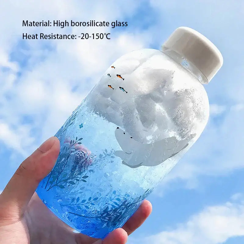 DecorBites™ Blue Glass Water Bottle 600ml Cute Polar Bear Seal Design Waterbottle