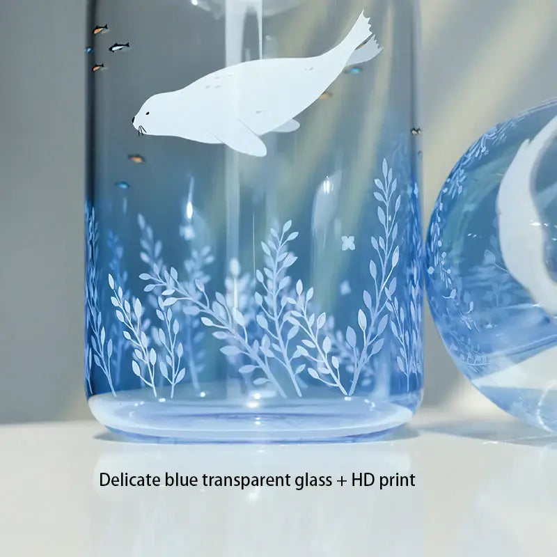 DecorBites™ Blue Glass Water Bottle 600ml Cute Polar Bear Seal Design Waterbottle