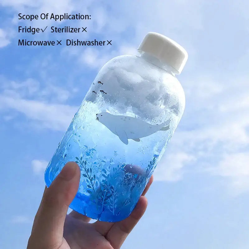 DecorBites™ Blue Glass Water Bottle 600ml Cute Polar Bear Seal Design Waterbottle