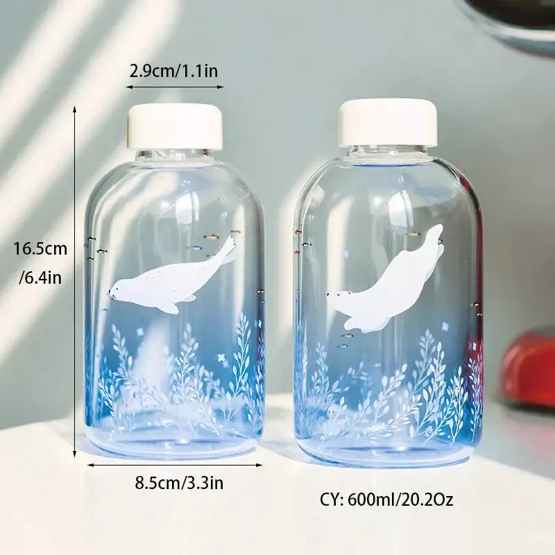 DecorBites™ Blue Glass Water Bottle 600ml Cute Polar Bear Seal Design Waterbottle
