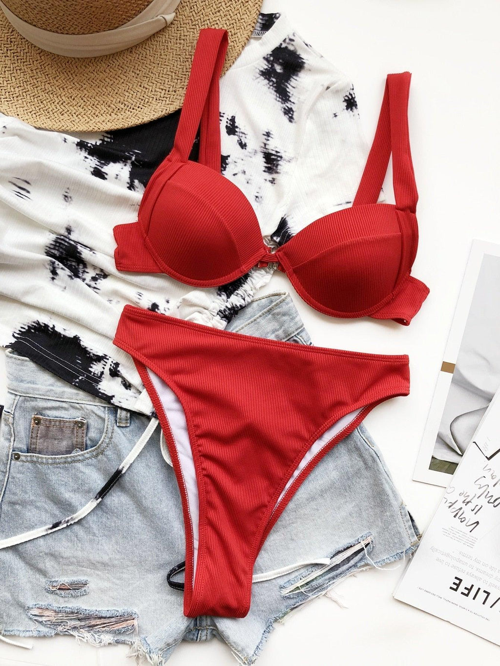 Cute Women Swimwear Pure Color Bikinis Swimsuit Women High Waist String Solid Color 2 Piece Bathing Suits Summer High Cut Push Up Bathing Suit High Waist Beach Wear Breathable Bikini
