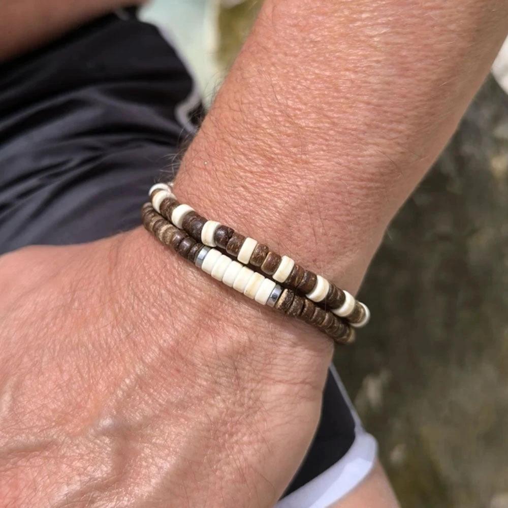 Retro Men's Coconut Wood Multi-Layer Stackable Bracelet Set