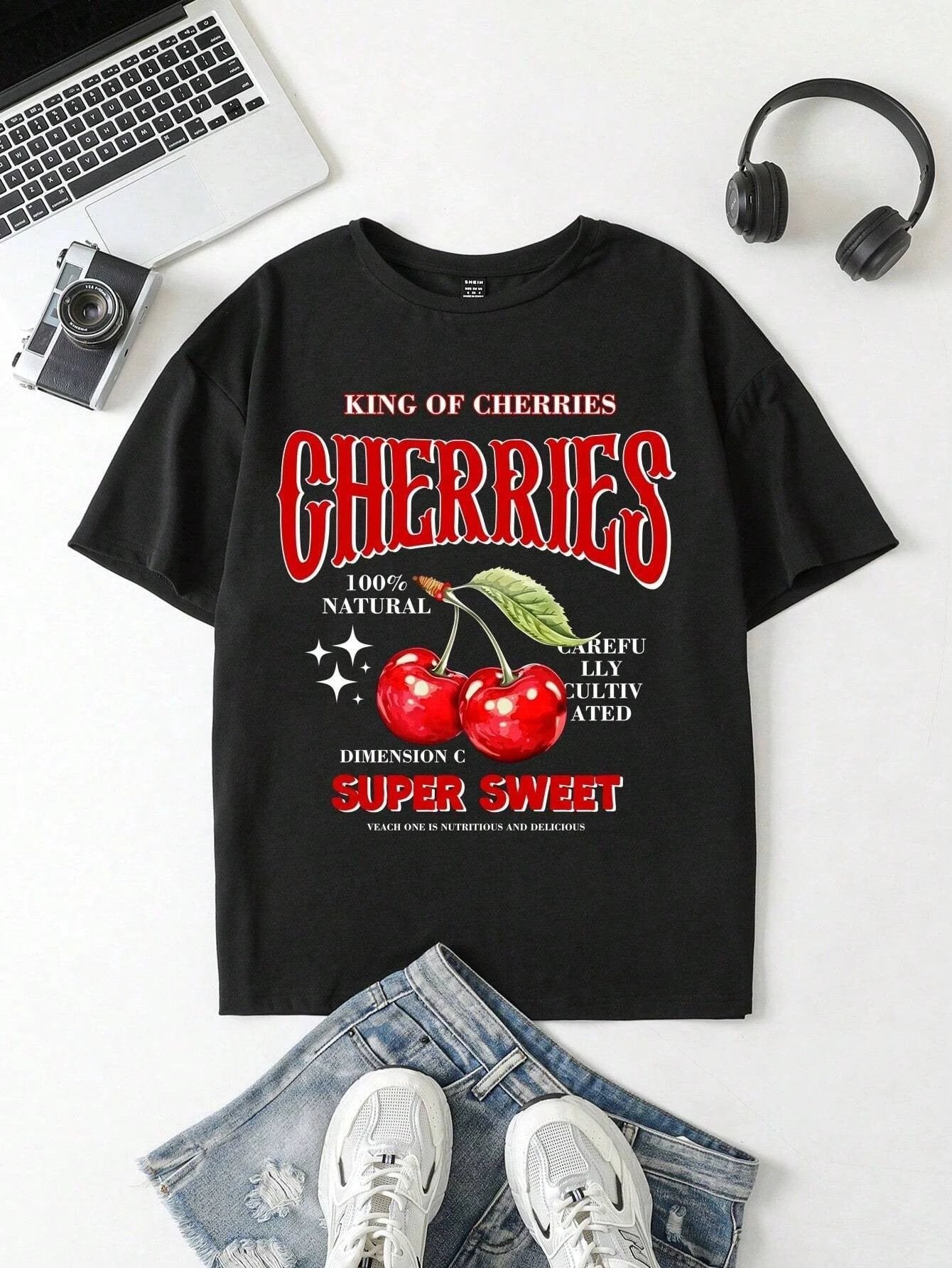 Plus Size Cherry Ocean Shark Print Round Neck Short Sleeve Women's