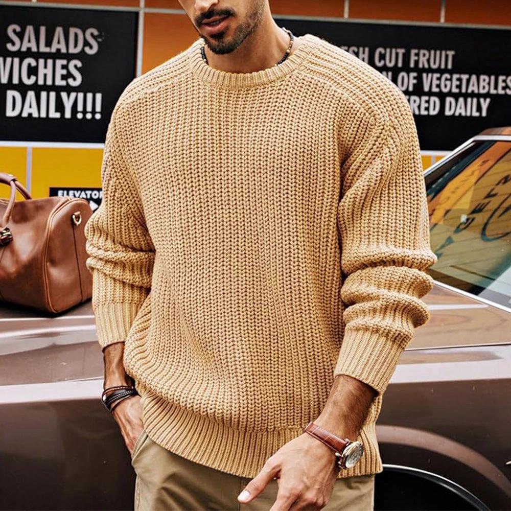 Men's Solid Color Long Sleeve Round Neck Fashion Sweater Loose Retro Sweater