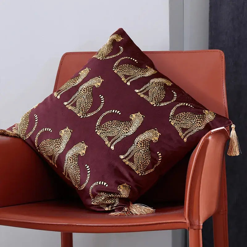 DecorBites™ Leopard Cheetah Print Fringed Cushion Cover in Dark Green, Burgundy, Black