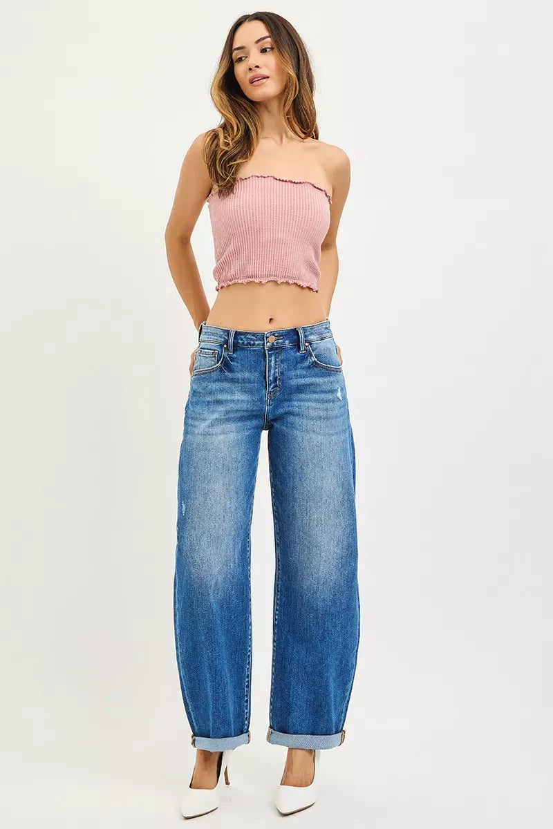 RISEN Full Size Mid Rise Barrel Double Roll Up Jeans Plus Size