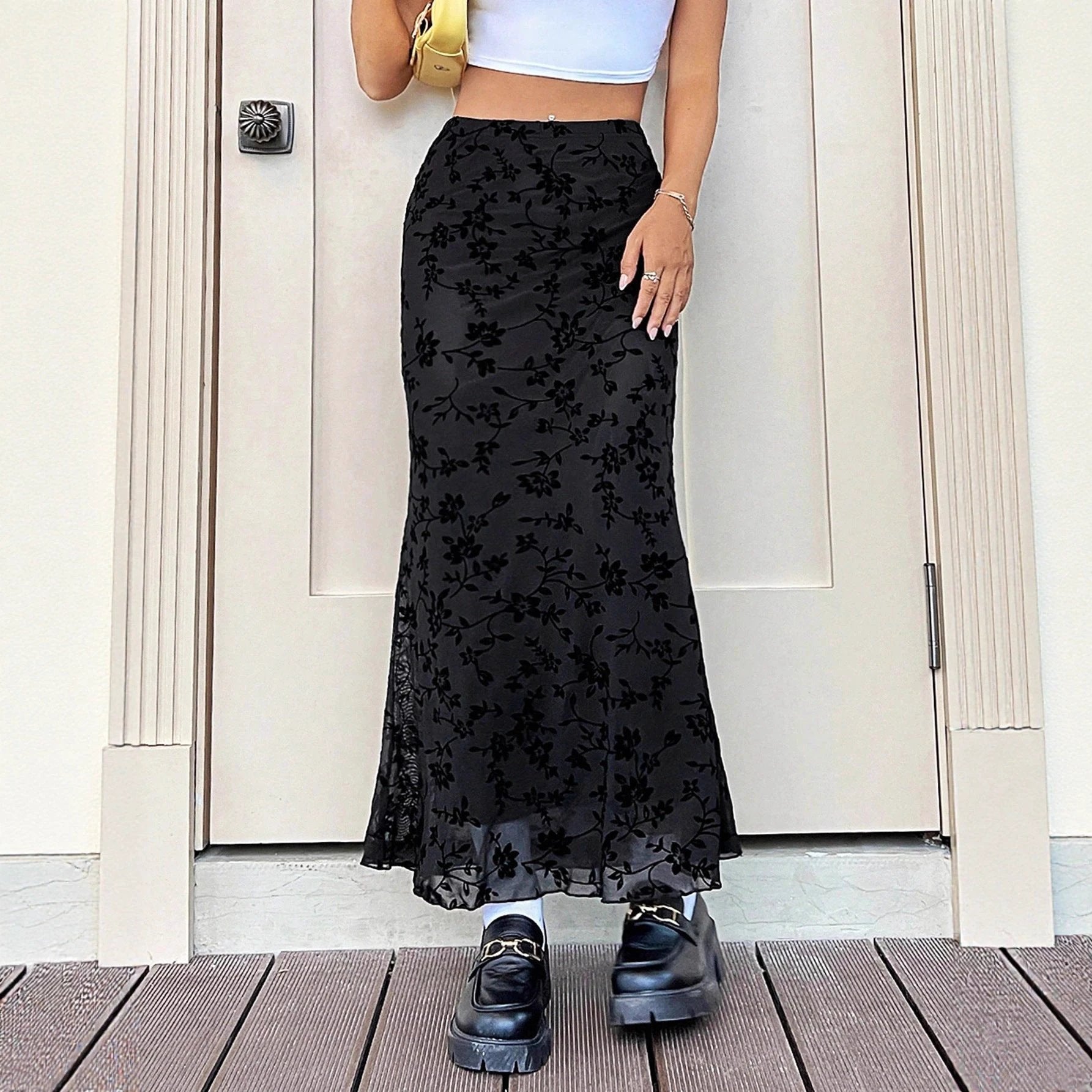 Dark Green Floral Half-length Fishtail Skirt For Women