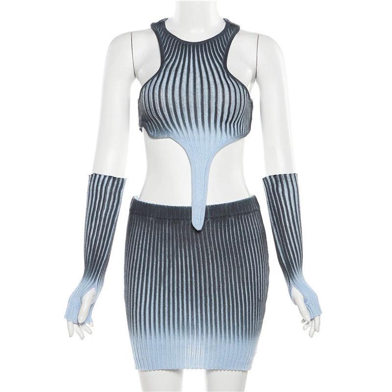 Knitted Gradient Irregular Top High Waist Skirt Set