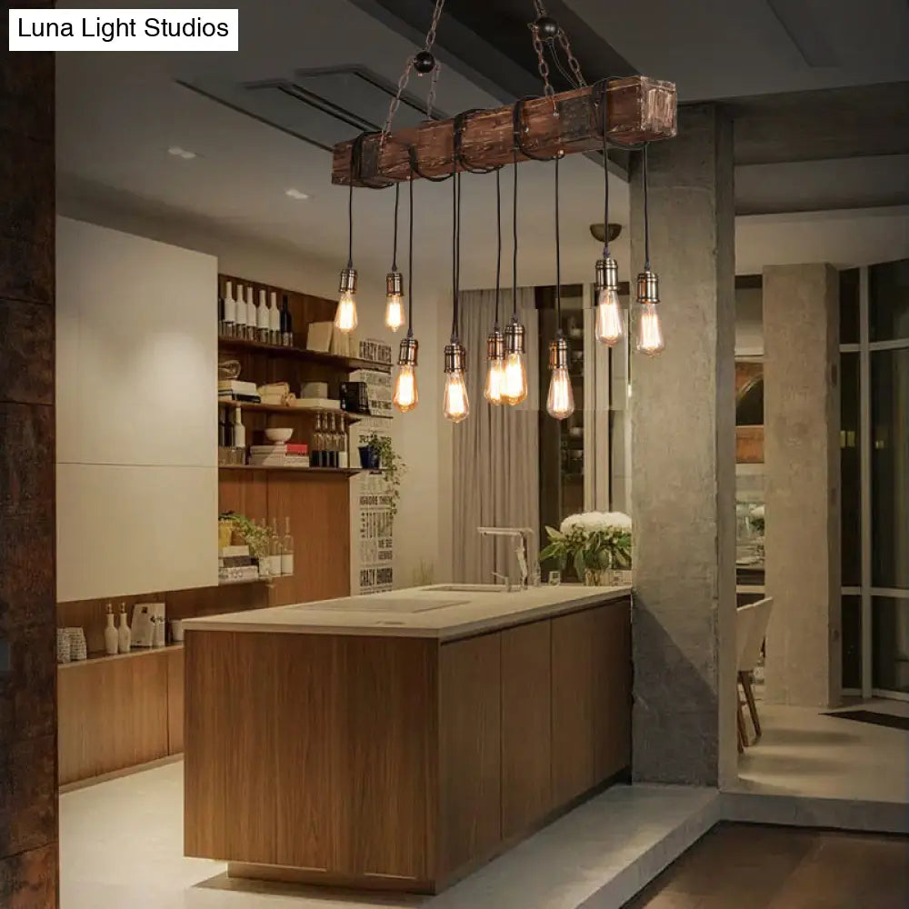 DecorBites™ 10-Head Metal Pendant Lamp with Exposed Bulbs and Wood Beam in Brown Finish