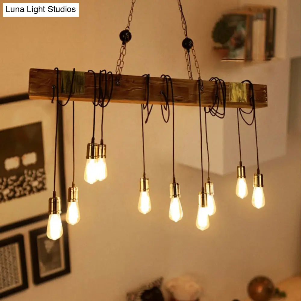 DecorBites™ 10-Head Metal Pendant Lamp with Exposed Bulbs and Wood Beam in Brown Finish