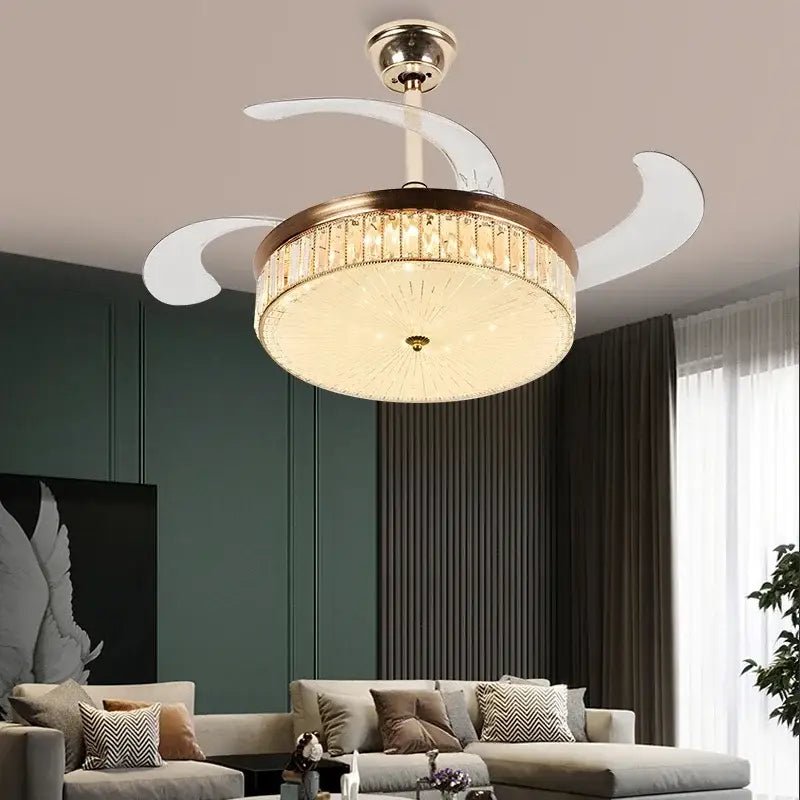 Modern gold crystal ceiling fan with retractable blades bedroom light