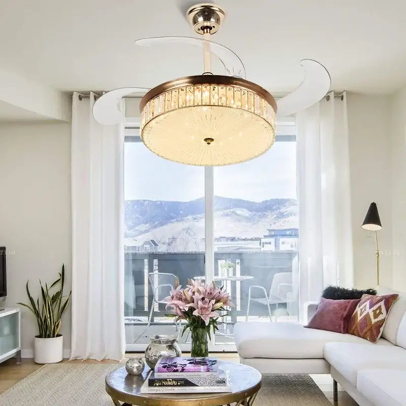 Modern gold crystal ceiling fan with retractable blades bedroom light