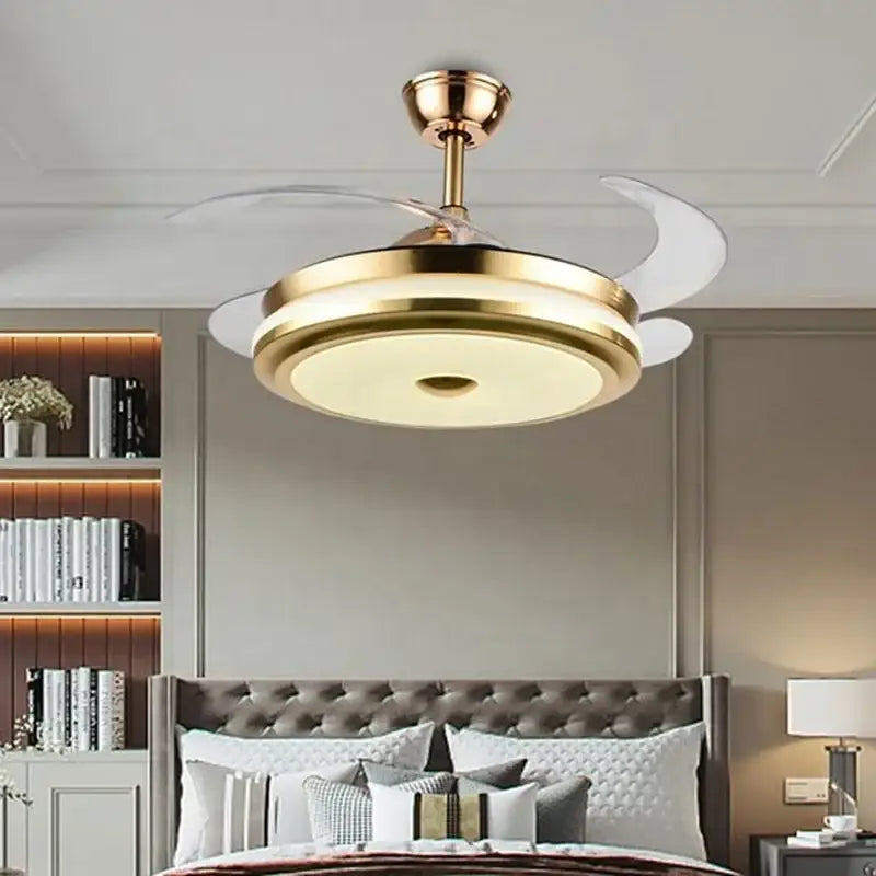 Modern gold retractable ceiling fan light living room remote control