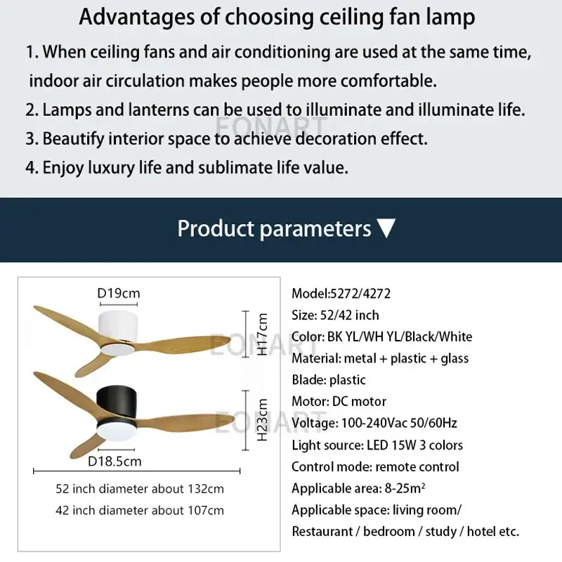 Modern black & white ceiling fan with led light – living room remote