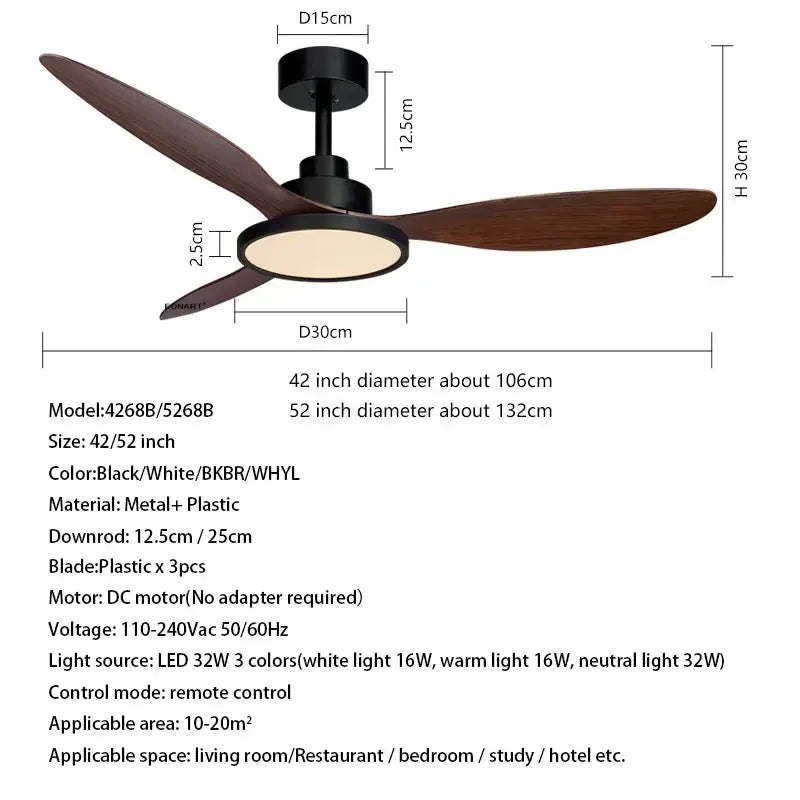Modern black & dark brown ceiling fan with remote control bedroom light