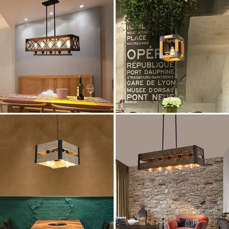 Rustic industrial style pendant lamp wood & black metal dining room