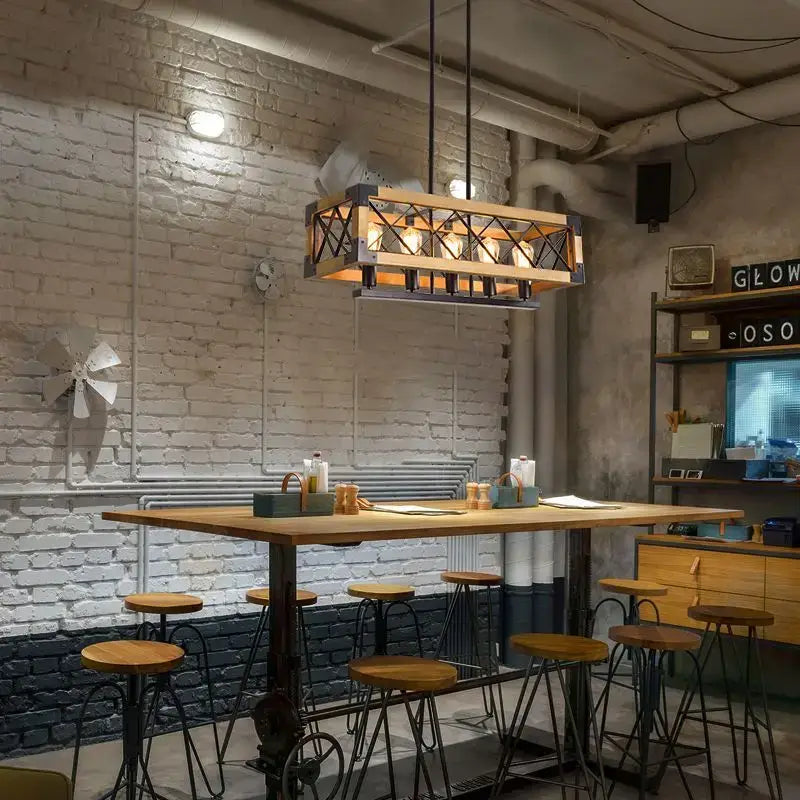 Rustic industrial style pendant lamp wood & black metal dining room