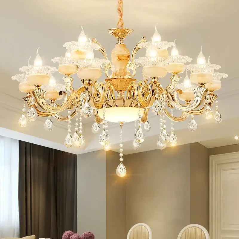 Modern gold led dolomite chandelier with floral glass for living room
