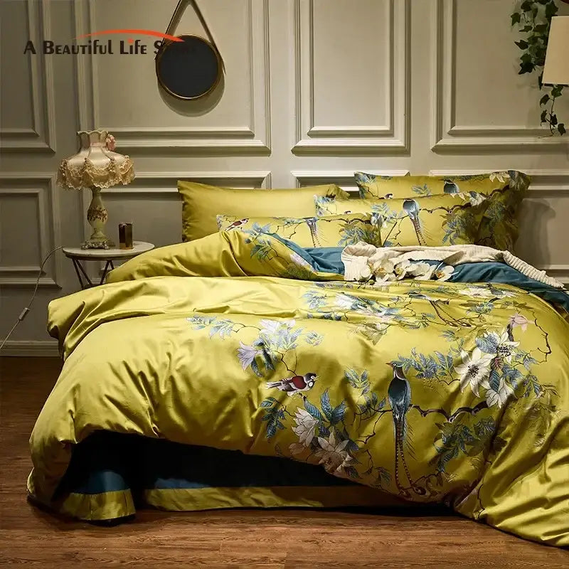 Floral bird yellow 600tc egyptian cotton bedding set bedroom