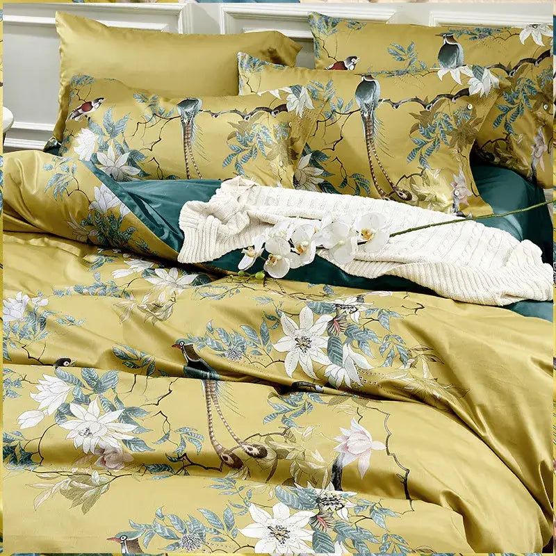 Floral bird yellow 600tc egyptian cotton bedding set bedroom