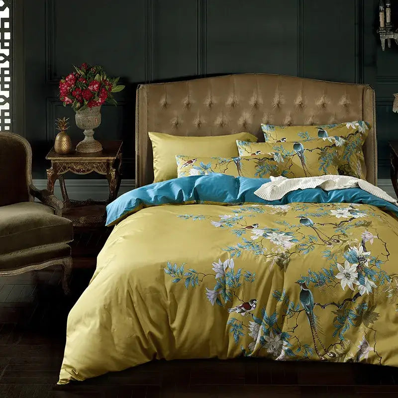 Floral bird yellow 600tc egyptian cotton bedding set bedroom