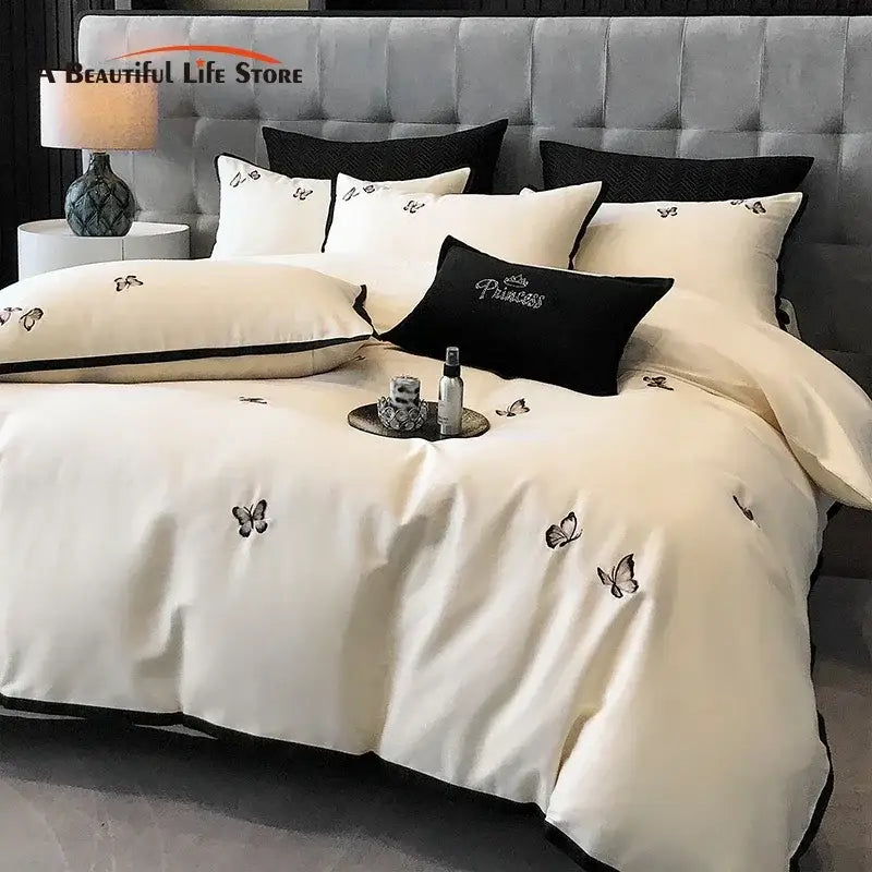 Cream & black 600tc egyptian cotton butterfly bedding set bedroom