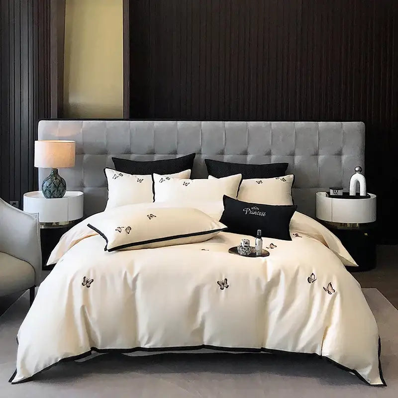 Cream & black 600tc egyptian cotton butterfly bedding set bedroom
