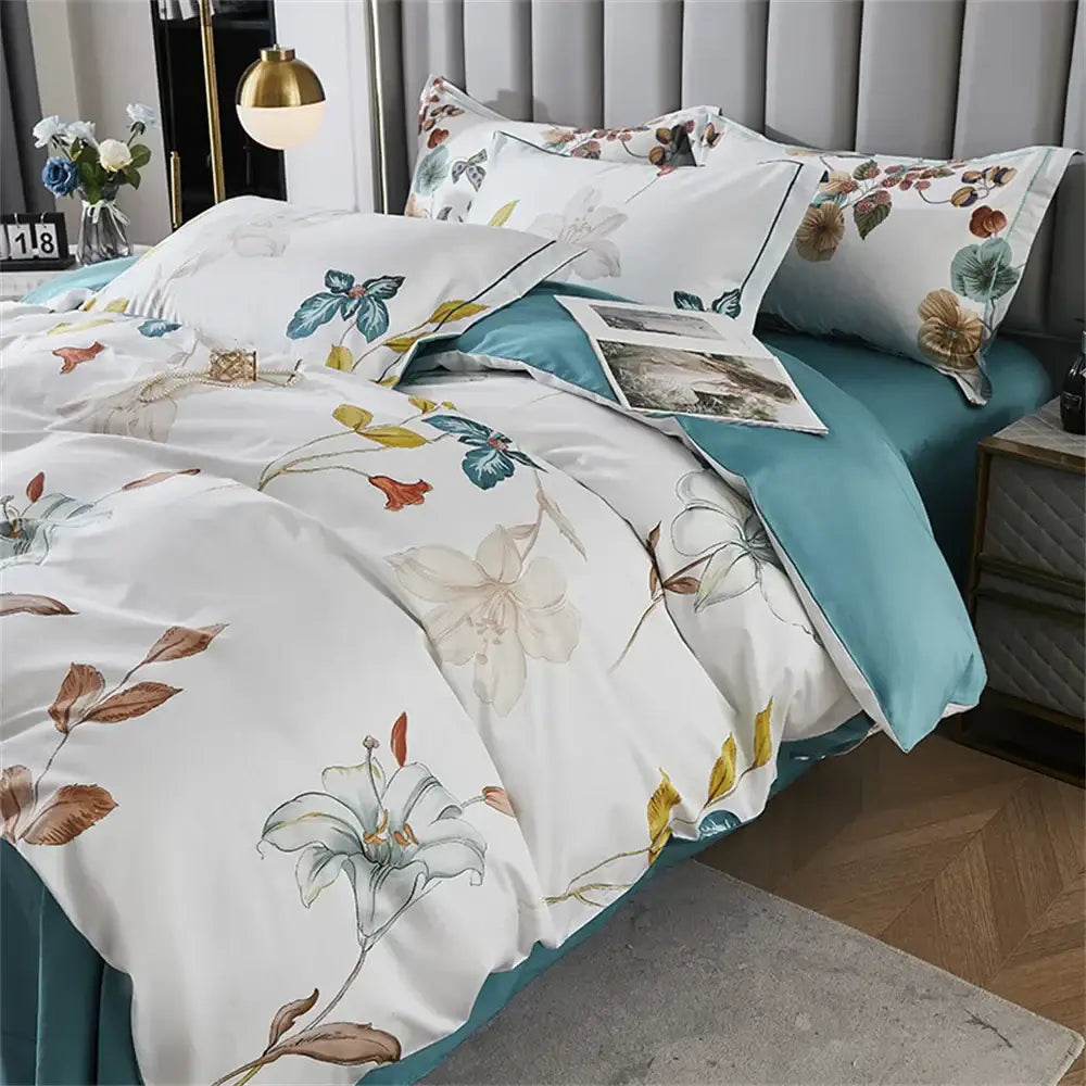 White floral teal 600tc egyptian cotton bedding set bedroom duvet cover