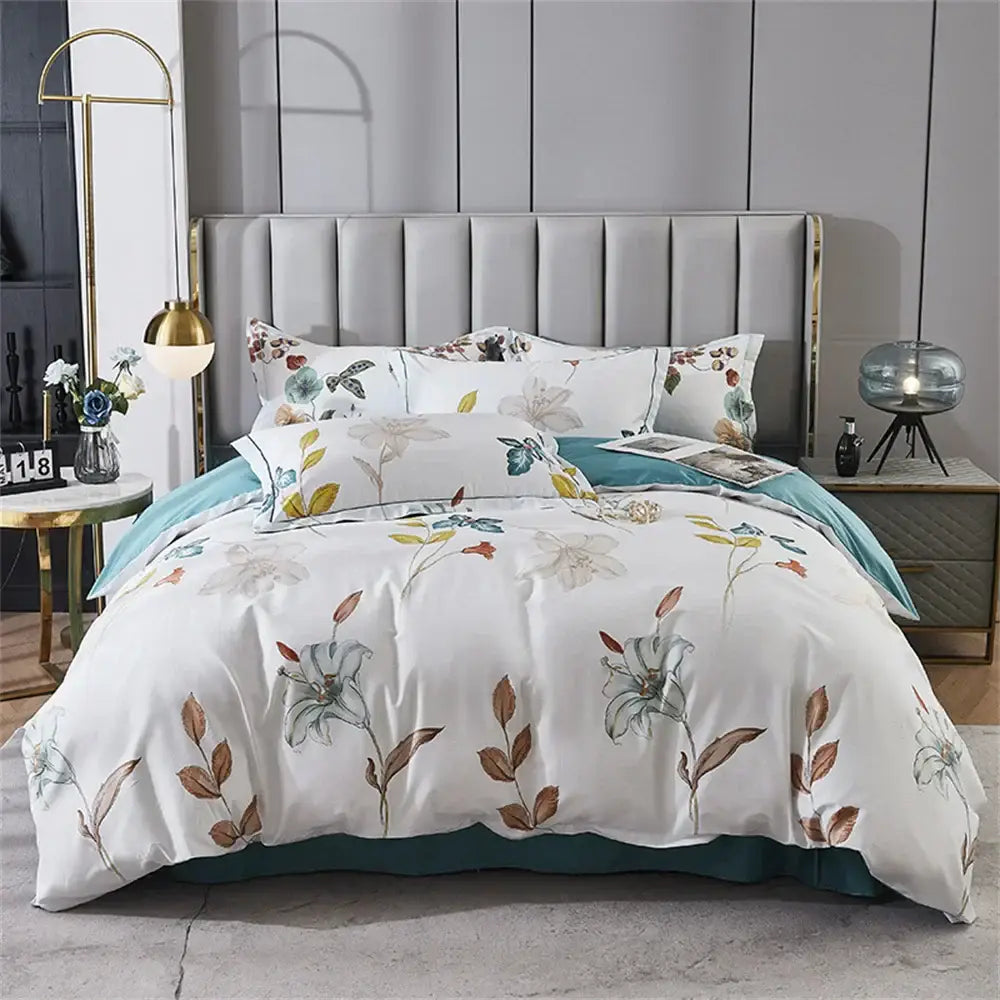 White floral teal 600tc egyptian cotton bedding set bedroom duvet cover