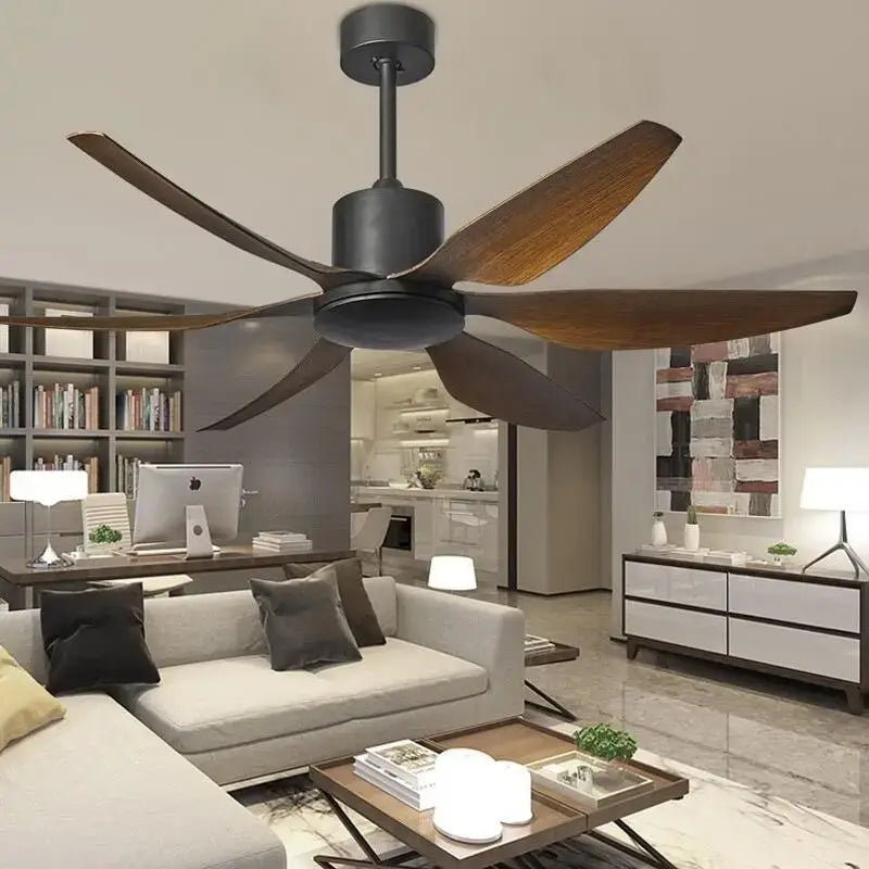 Modern black and dark wood ceiling fan with light and remote bedroom