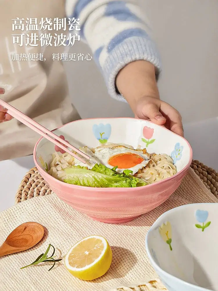 Floral hand-painted ceramic ramen bowl – dining room noodle bowl
