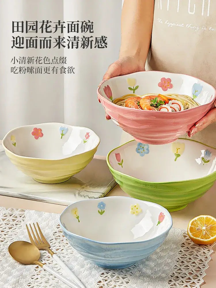 Floral hand-painted ceramic ramen bowl – dining room noodle bowl