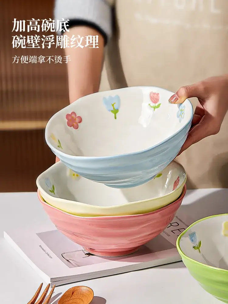 Floral hand-painted ceramic ramen bowl – dining room noodle bowl