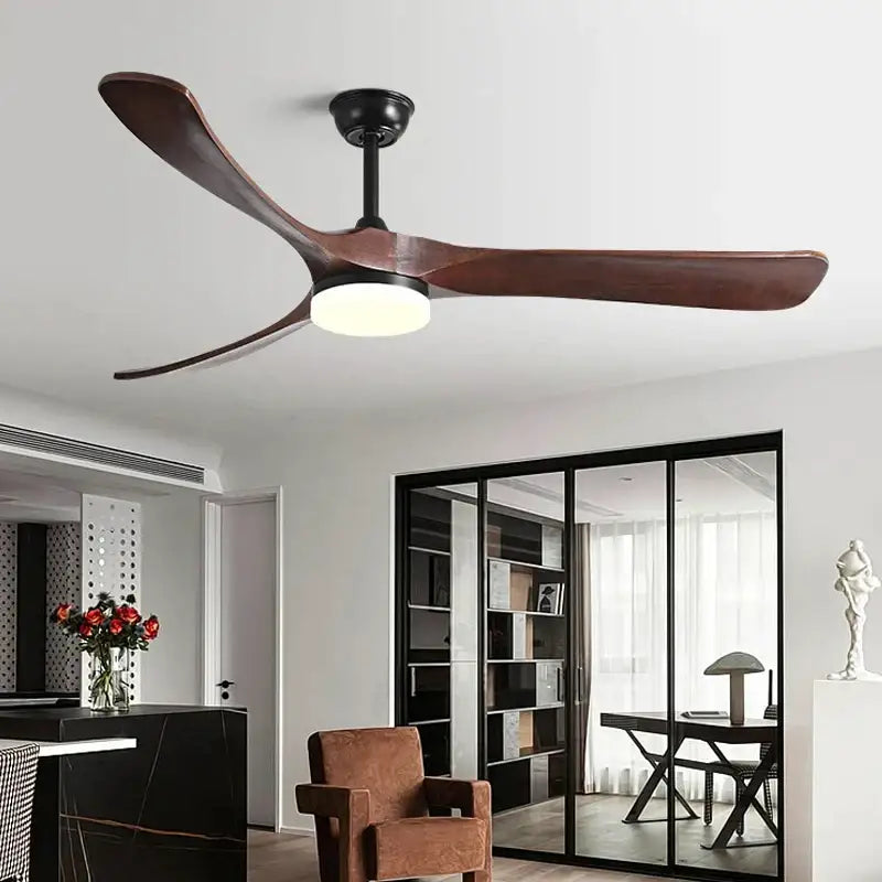 Retro black fan light with solid wood blades living room led fan