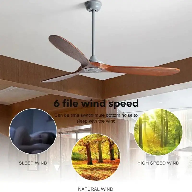 Industrial gray wood dc ceiling fan with remote control for living room