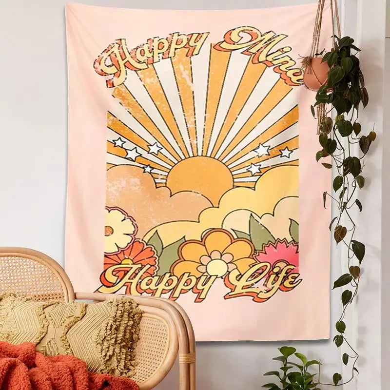 Retro pink 70s girl sunset tapestry – bedroom wall decor