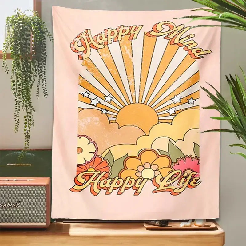 Retro pink 70s girl sunset tapestry – bedroom wall decor