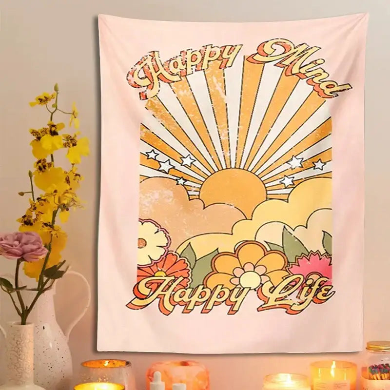 Retro pink 70s girl sunset tapestry – bedroom wall decor