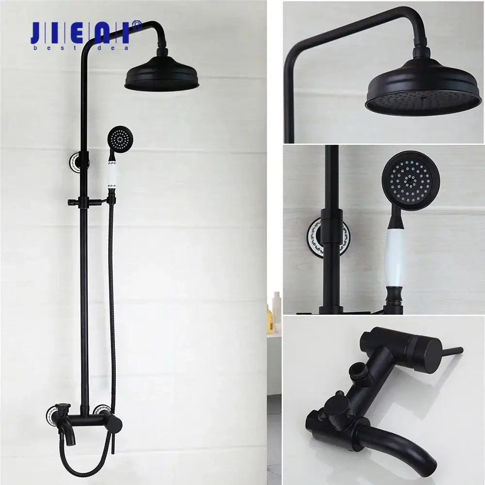 Vintage matte black shower faucet set bathroom rainfall head