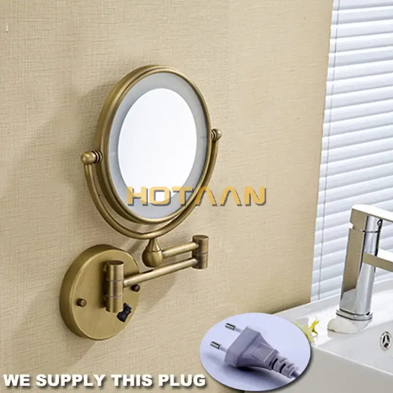 Brass round led light makeup mirror bedroom wall mounted 3x magnification