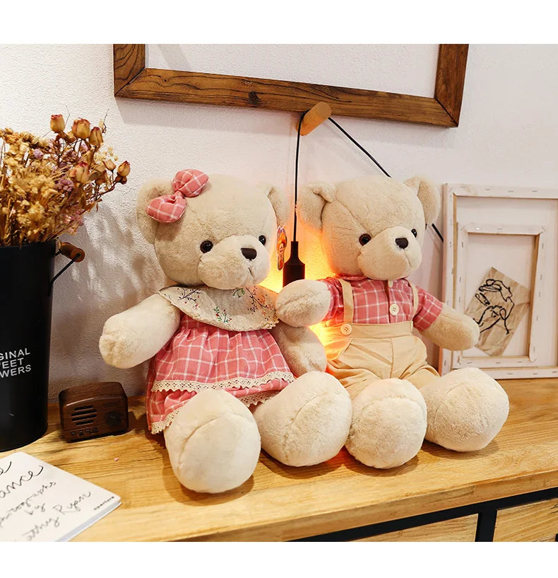 Cream plaid couple bear plush toy bedroom gift decor
