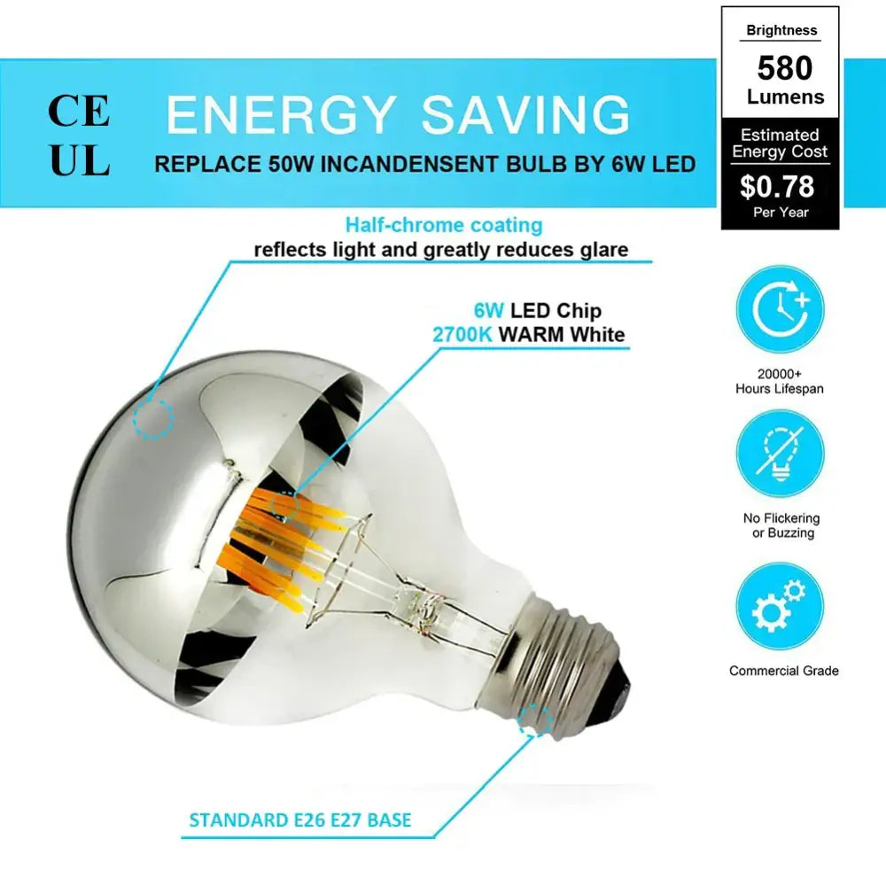 Silver mirror led filament dimmable g45 bulb set dining room 5 pack