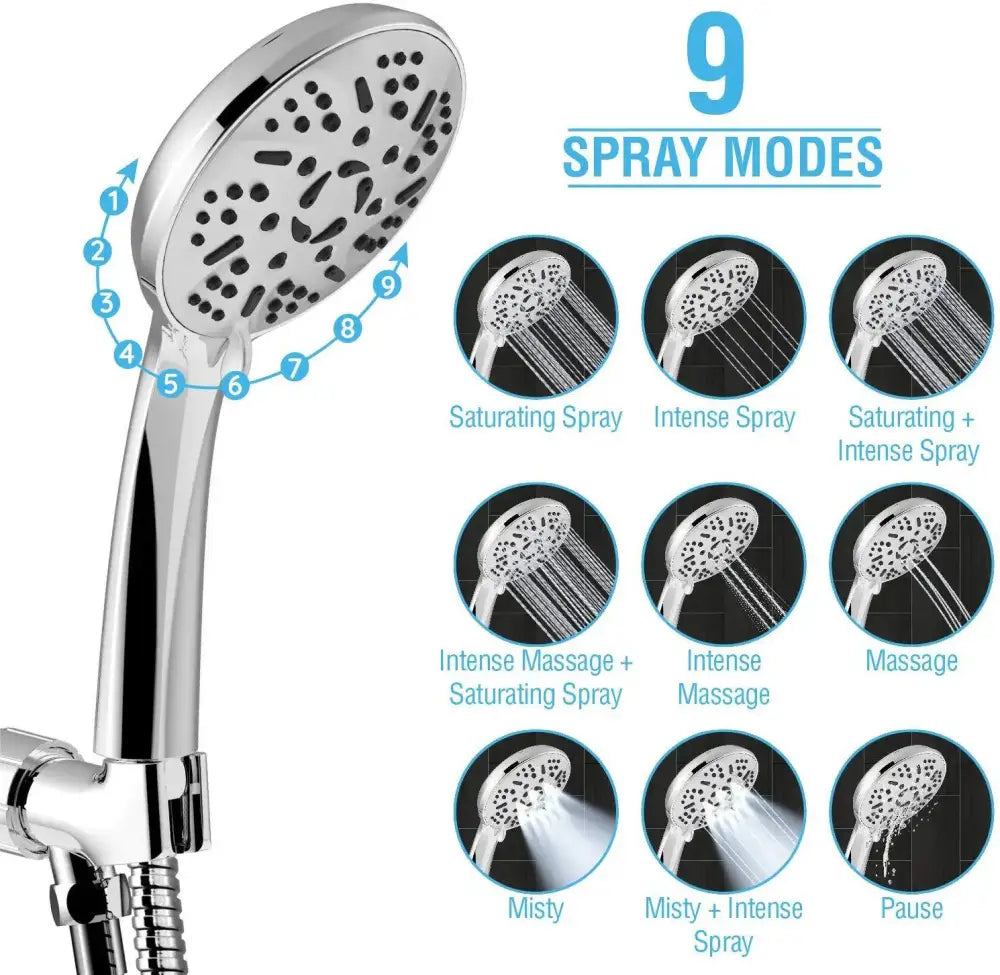 Chrome 9-function high pressure handheld shower head bathroom spray