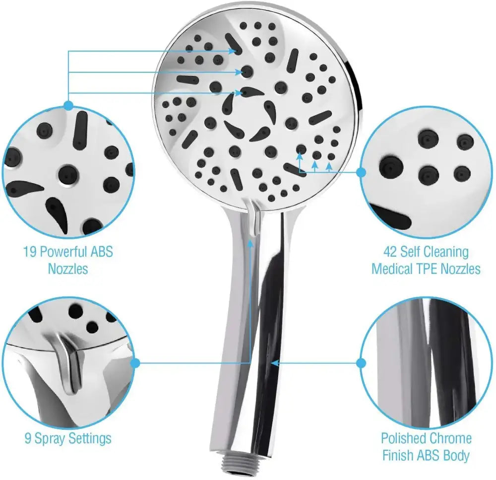 Chrome 9-function high pressure handheld shower head bathroom spray