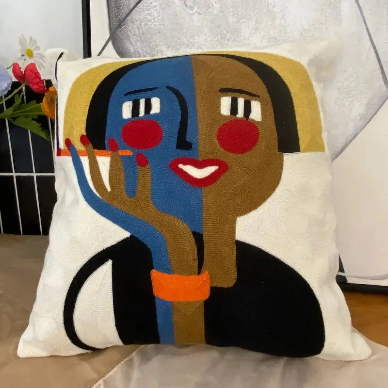 Decorbites abstract embroidery picasso face throw pillow living room