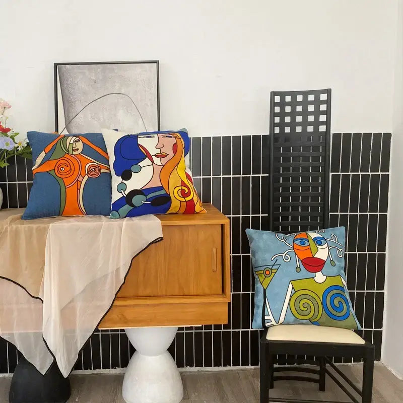 Decorbites abstract embroidery picasso face throw pillow living room