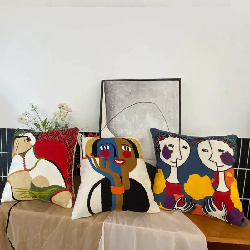 Decorbites abstract embroidery picasso face throw pillow living room