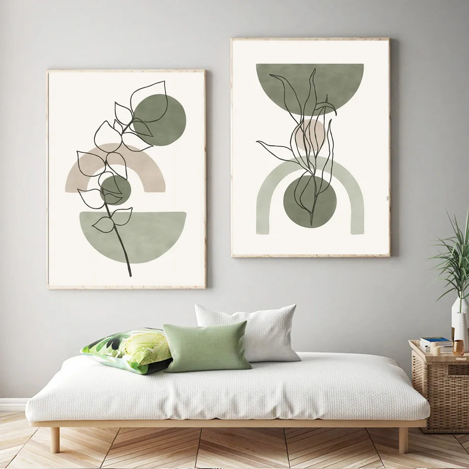 Vintage boho abstract geometric leaf canvas wall art living room