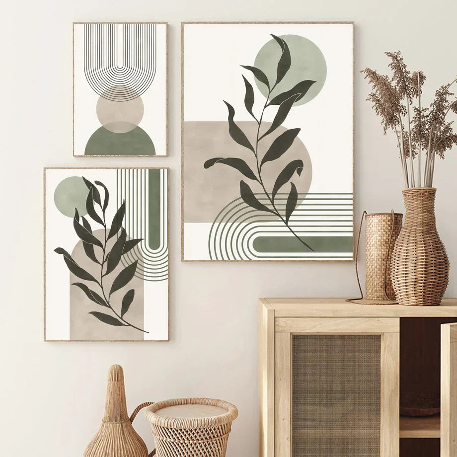 Abstract geometric leaves canvas wall art olive & pink living room