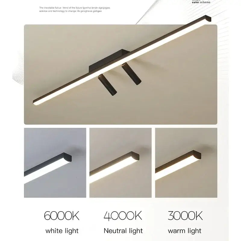 Modern minimalist black strip led chandelier with gold spotlights dining room